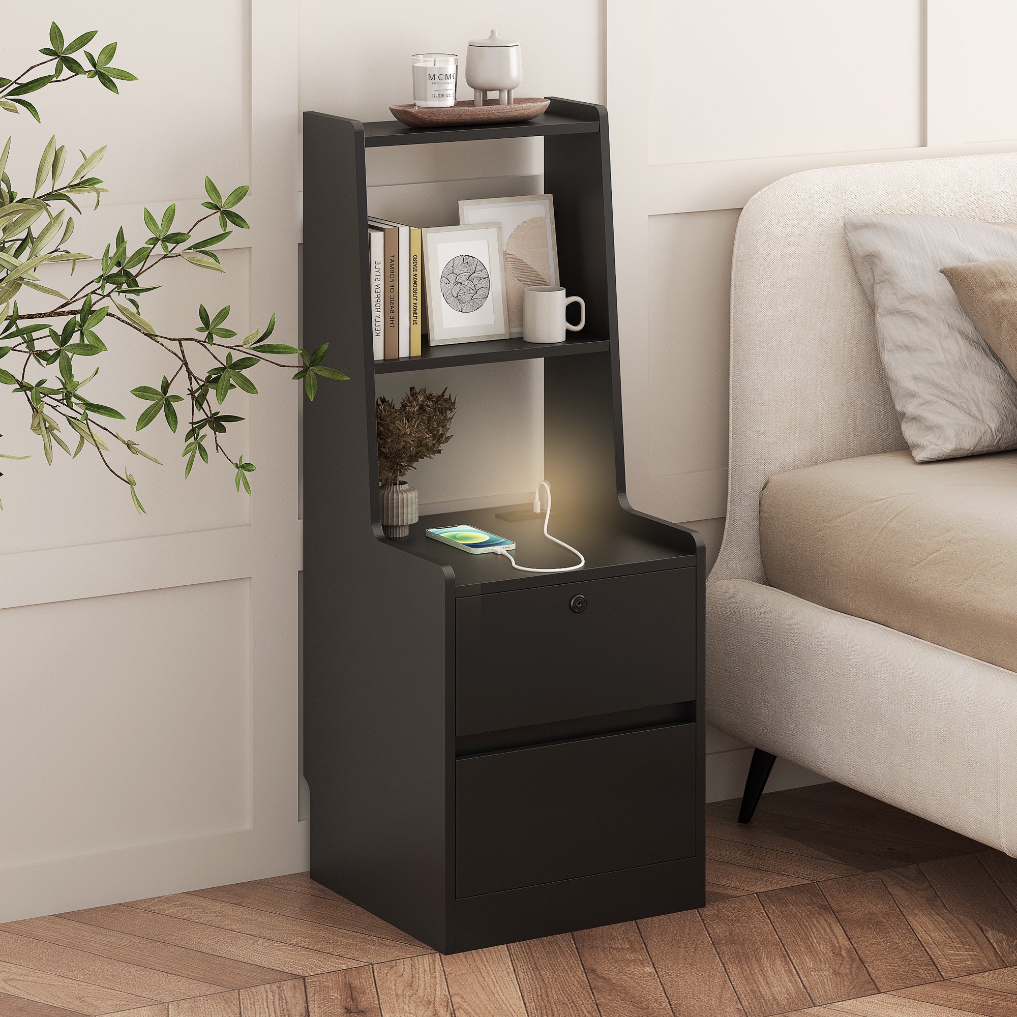 Nightstand With Charging Station, Smart Nightstand With Night Light, Modern Night Stand With Bookshelf, Bedside Tables With Storage Cabinet For Bedroom, Black