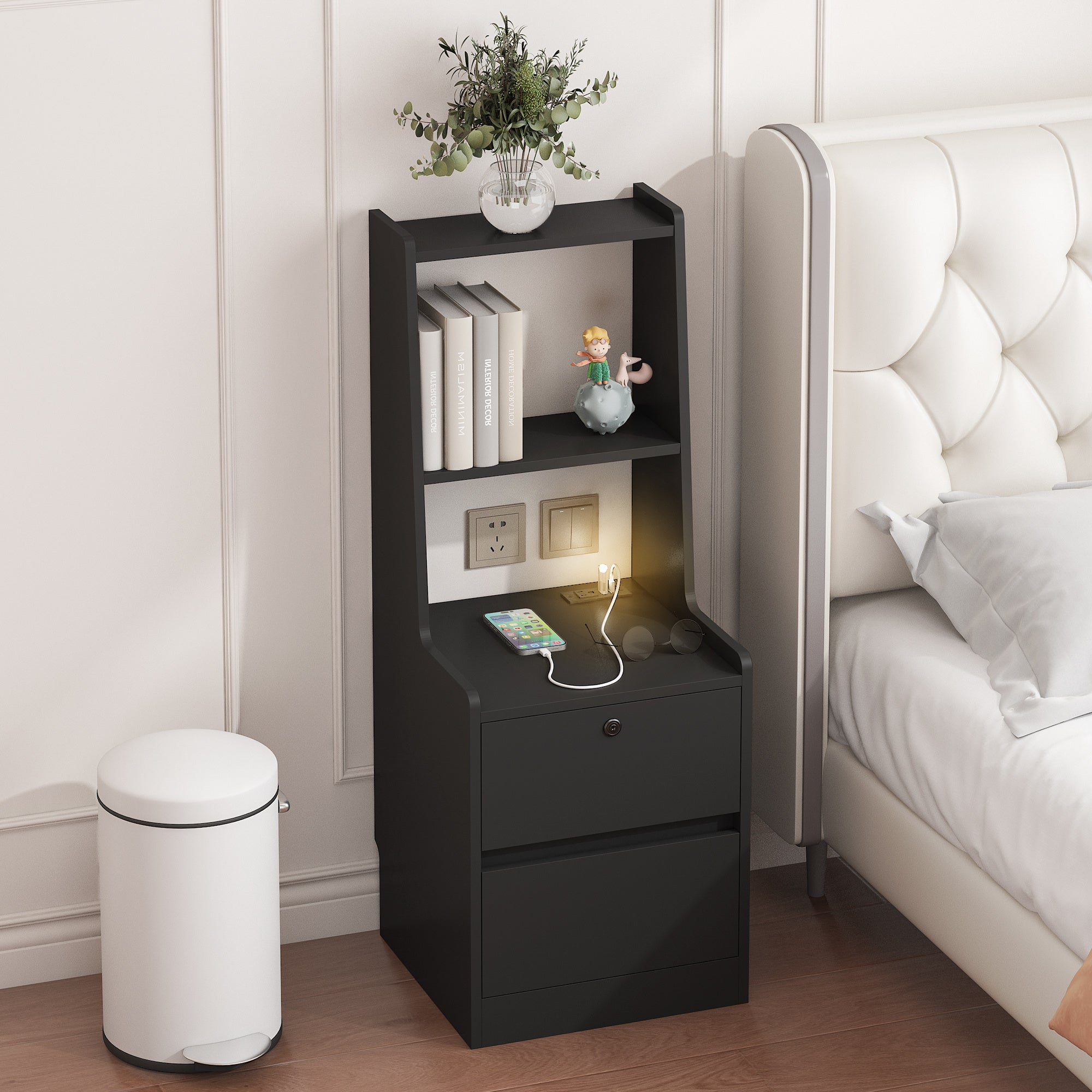 Nightstand With Charging Station, Smart Nightstand With Night Light, Modern Night Stand With Bookshelf, Bedside Tables With Storage Cabinet For Bedroom, Black
