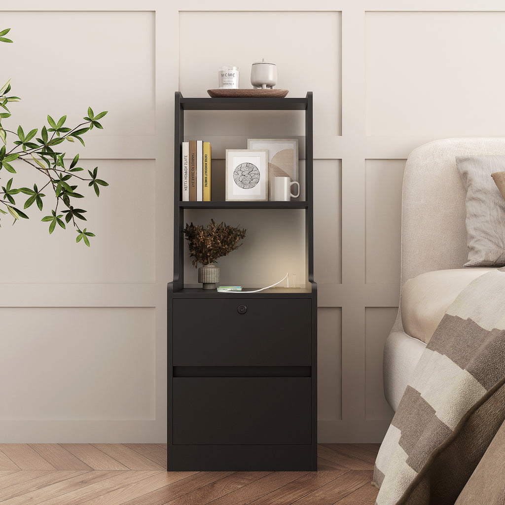 Nightstand With Charging Station, Smart Nightstand With Night Light, Modern Night Stand With Bookshelf, Bedside Tables With Storage Cabinet For Bedroom, Black