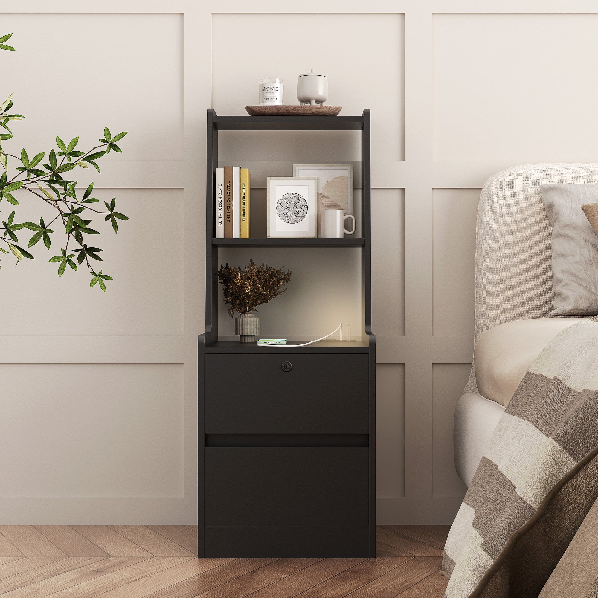 Nightstand With Charging Station, Smart Nightstand With Night Light, Modern Night Stand With Bookshelf, Bedside Tables With Storage Cabinet For Bedroom, Black