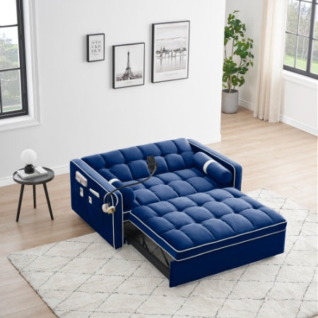 Leeper Sofa Couch W Pull Out Bed, 55 Modern Velvet Convertible Sleeper Sofa Bed, Small Love Seat Sofa Bed W Pillows  Side Pockets For Small Space, Living Room, Apartment,Blue