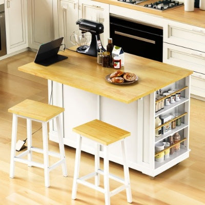 Large Kitchen Island With 2 Bar Stools, Power Outlet, Door Internal Storage Rack, Kitchen Storage Cart On 5 Wheels With Drop Leaf, 5 Open Side Racks, 2 Drawers,for Kitchen,Dining Room