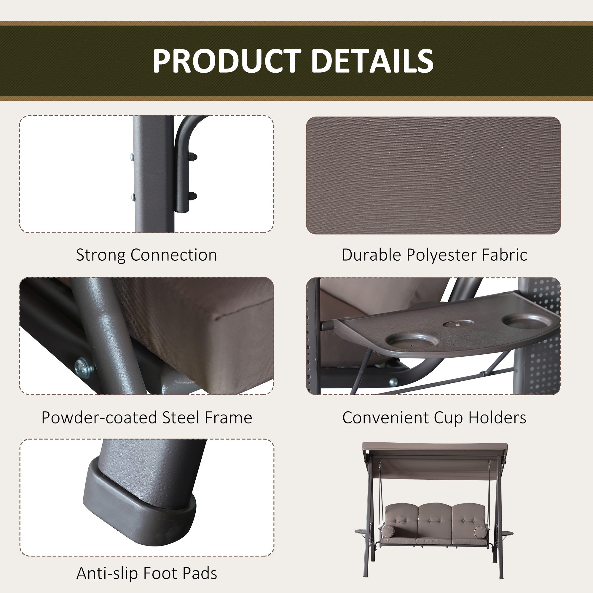 Patio Swing Bench 3-Person Steel Canopy Cushioned With Side Trays Comfortable Brown