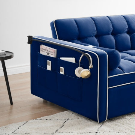 Leeper Sofa Couch W Pull Out Bed, 55 Modern Velvet Convertible Sleeper Sofa Bed, Small Love Seat Sofa Bed W Pillows  Side Pockets For Small Space, Living Room, Apartment,Blue