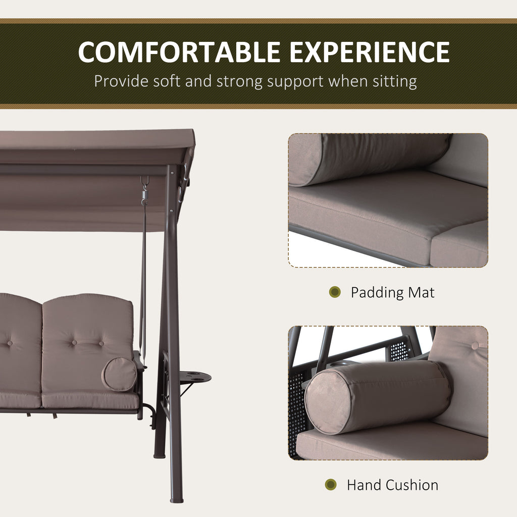 Patio Swing Bench 3-Person Steel Canopy Cushioned With Side Trays Comfortable Brown