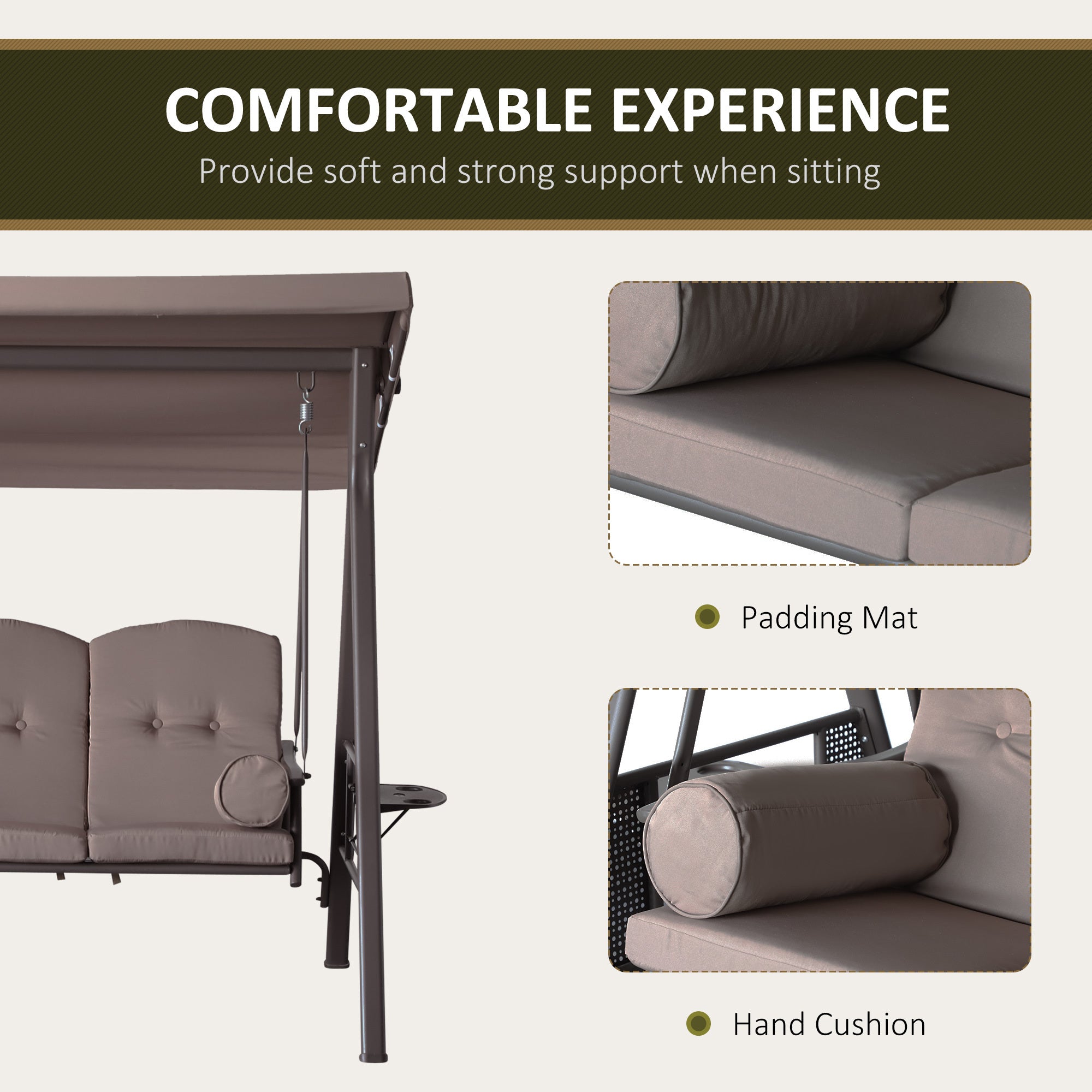 Patio Swing Bench 3-Person Steel Canopy Cushioned With Side Trays Comfortable Brown