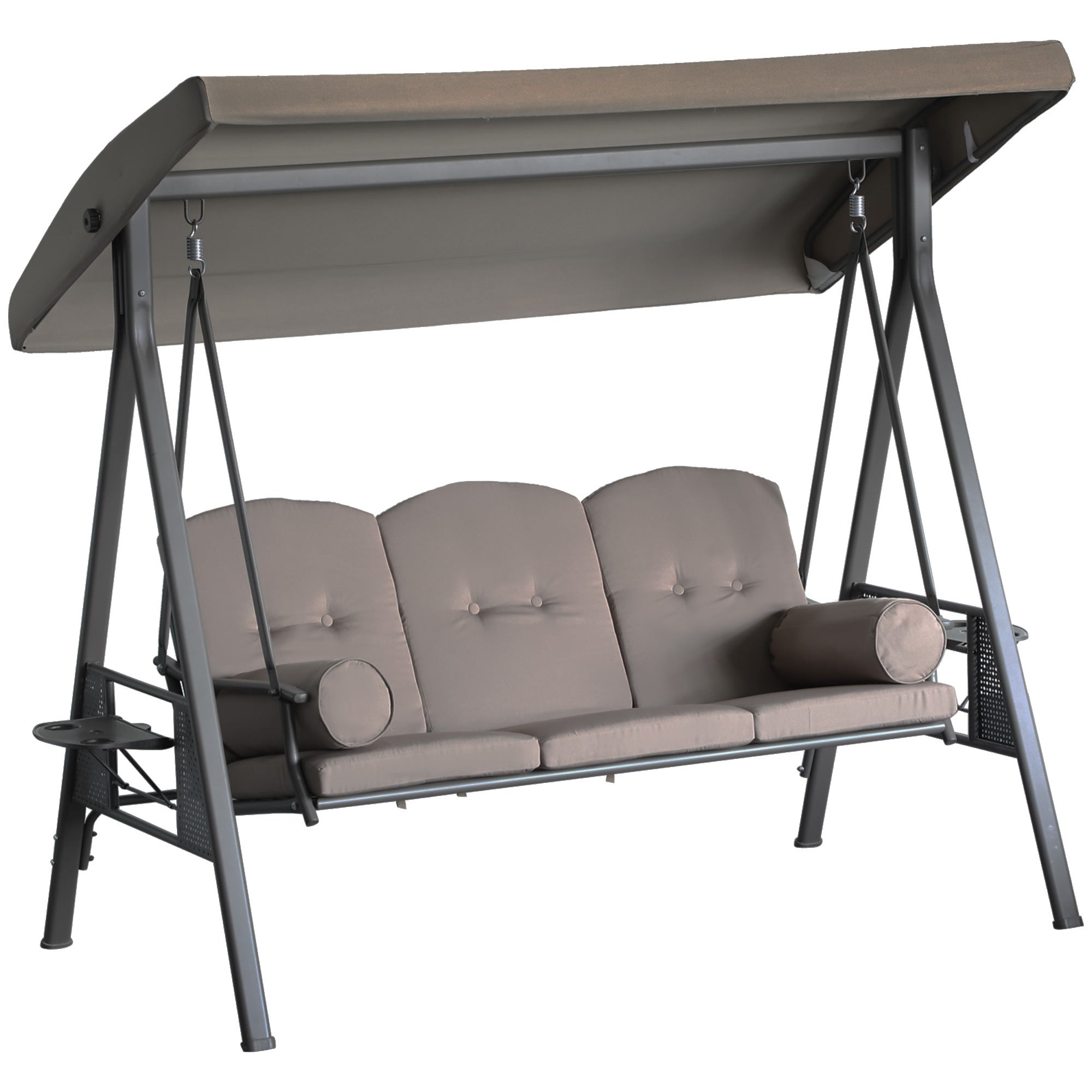 Patio Swing Bench 3-Person Steel Canopy Cushioned With Side Trays Comfortable Brown