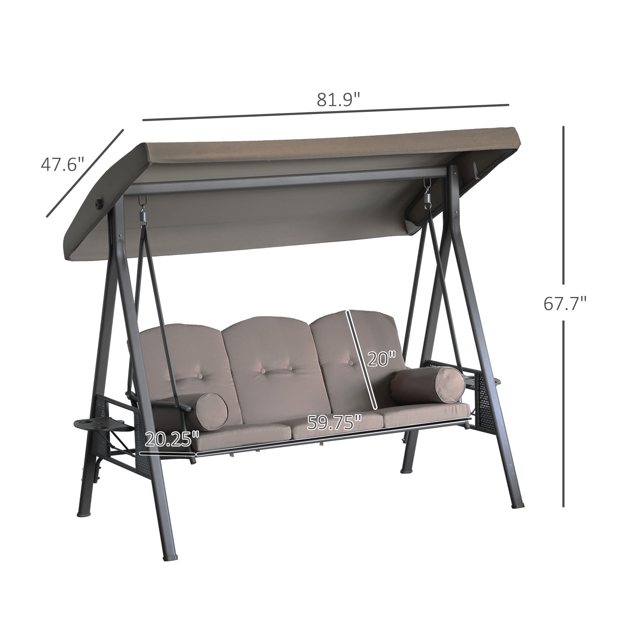 Patio Swing Bench 3-Person Steel Canopy Cushioned With Side Trays Comfortable Brown