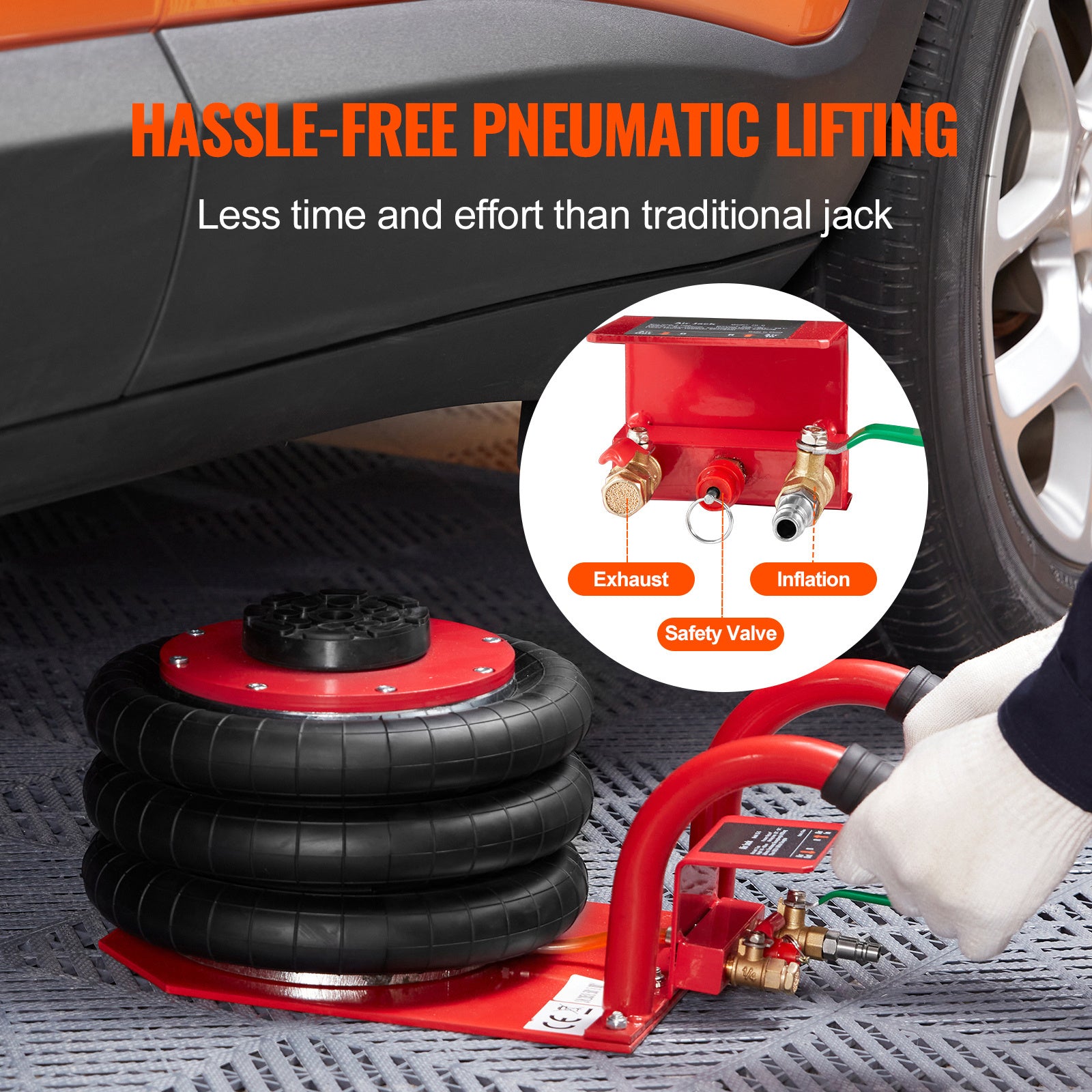 VEVOR Air Jack, 3 Ton 6600 Lbs Triple Bag Air Jack, Airbag Jack With Six Steel Pipes, Lift Up To 17.7 Inch 450 Mm,  Fast Lifting Pneumatic Jack, With Side Handles For Car, Garage, Repair