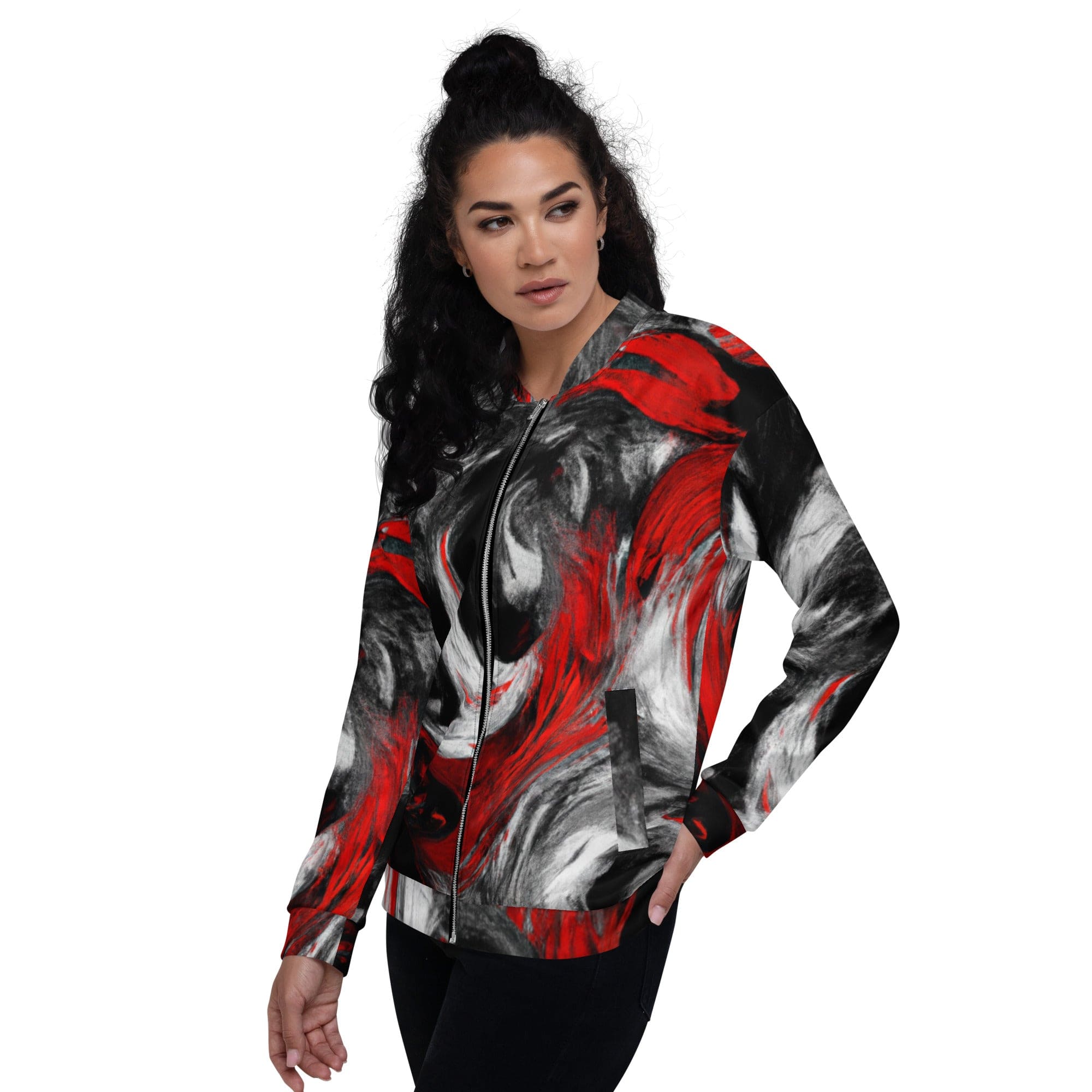 Womens Bomber Jacket - Decorative Black Red White Abstract Seamless-3