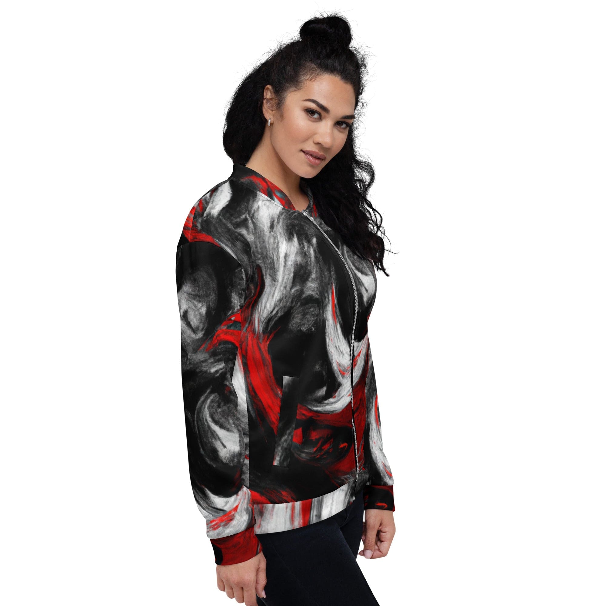 Womens Bomber Jacket - Decorative Black Red White Abstract Seamless-2