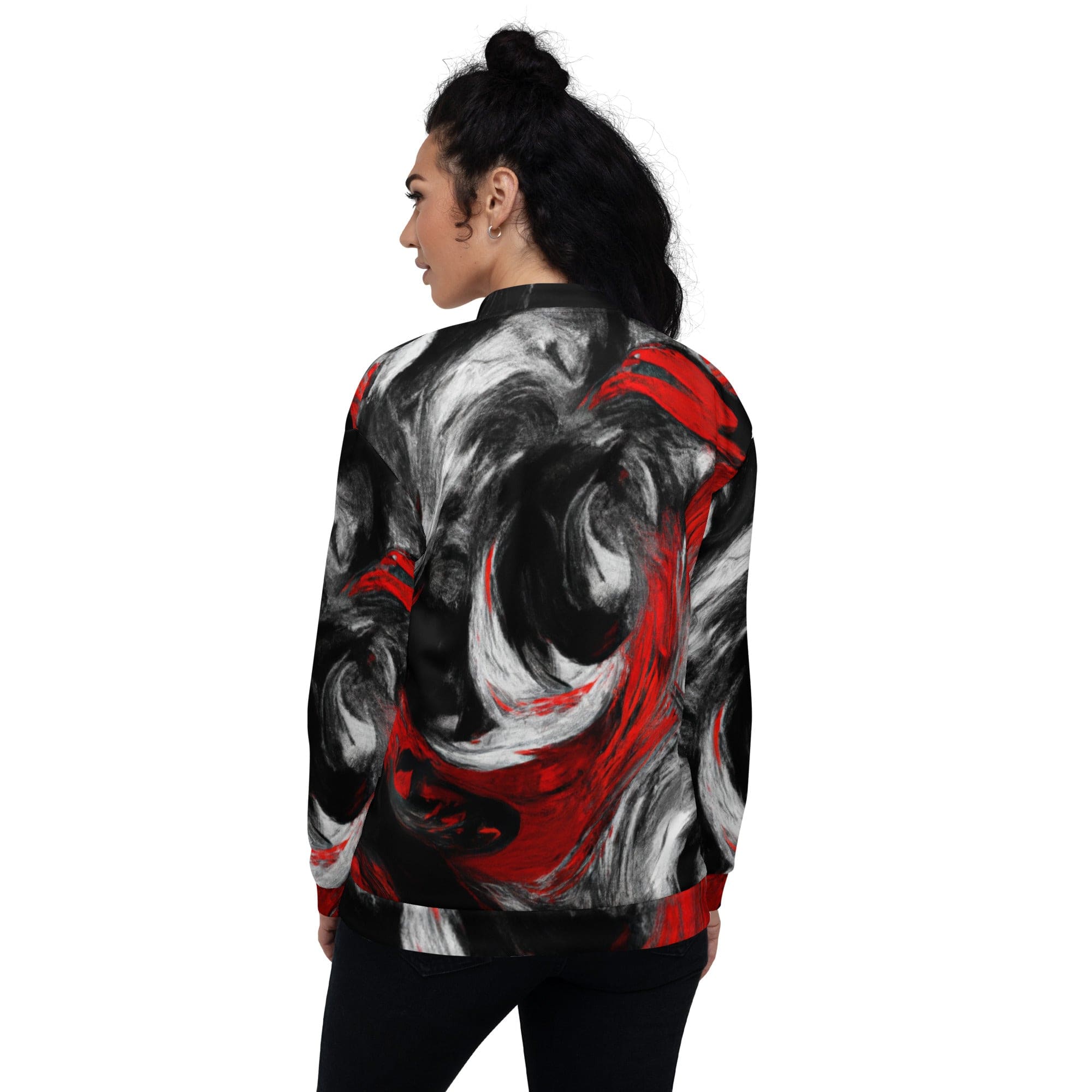 Womens Bomber Jacket - Decorative Black Red White Abstract Seamless-1