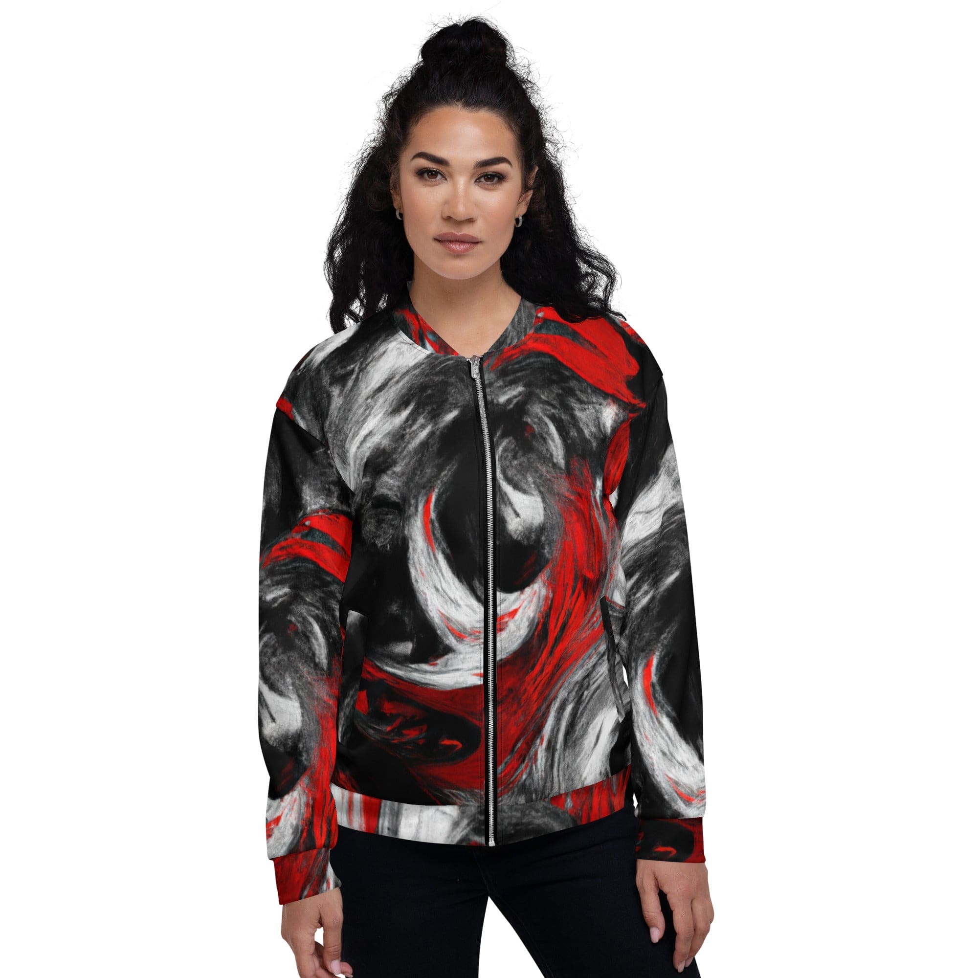 Womens Bomber Jacket - Decorative Black Red White Abstract Seamless-0