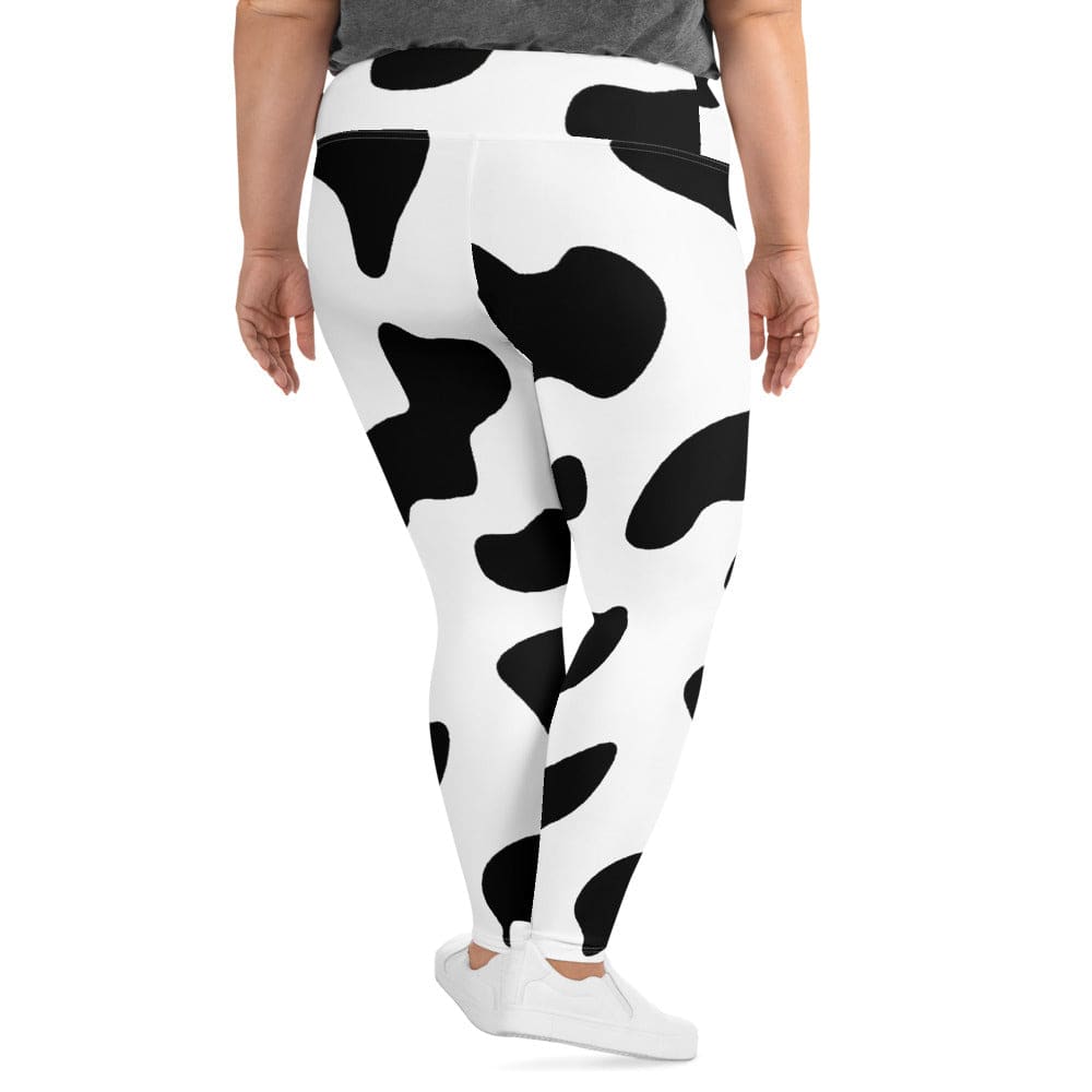 Womens Plus Size Fitness Leggings - Black White Cow Print-1