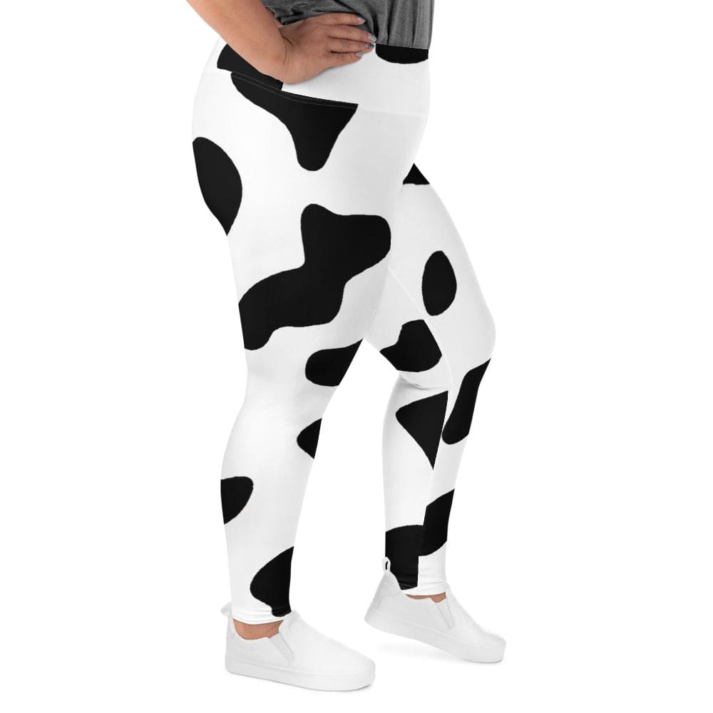 Womens Plus Size Fitness Leggings - Black White Cow Print-2